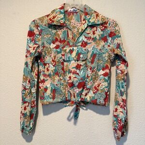 Vintage College Town Floral Tie Front Cropped Shirt Long Sleeve Teal Red Tan